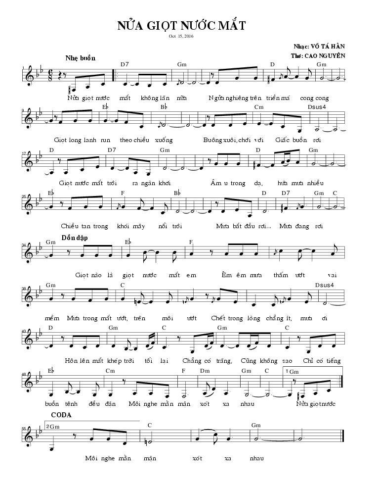 Sheet nhạc Nửa Giọt Nước Mắt